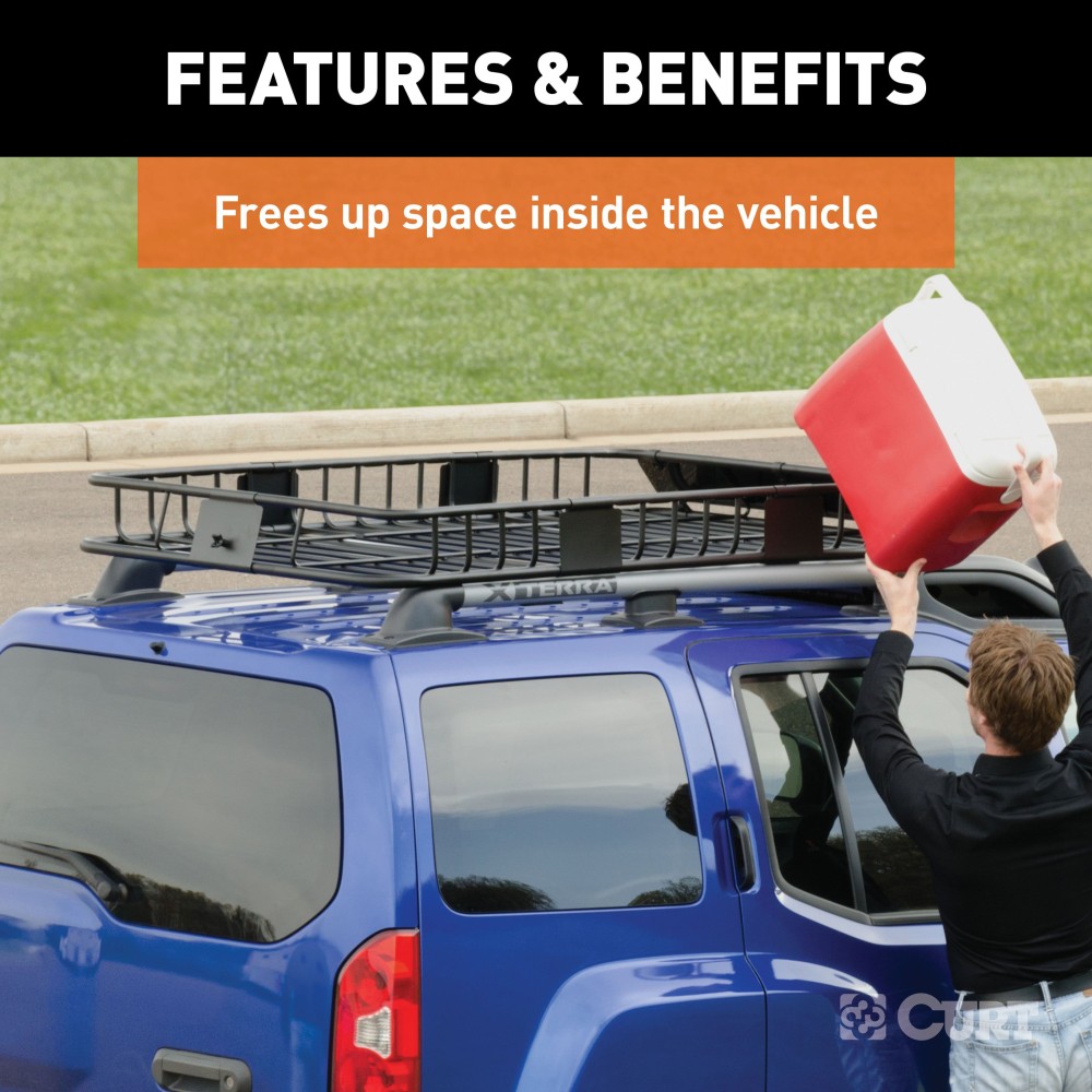 CURT Roof Rack Cargo Carrier, Expandable to 16 sq ft CURT roof rack cargo carrier with extension offers extra storage for vehicles
