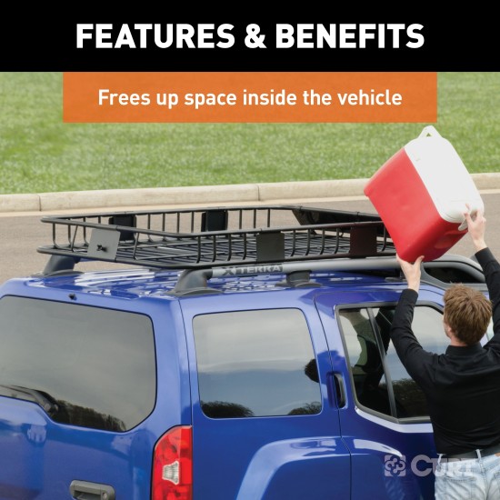CURT Roof Rack Cargo Carrier, Expandable to 16 sq ft CURT roof rack cargo carrier with extension offers extra storage for vehicles