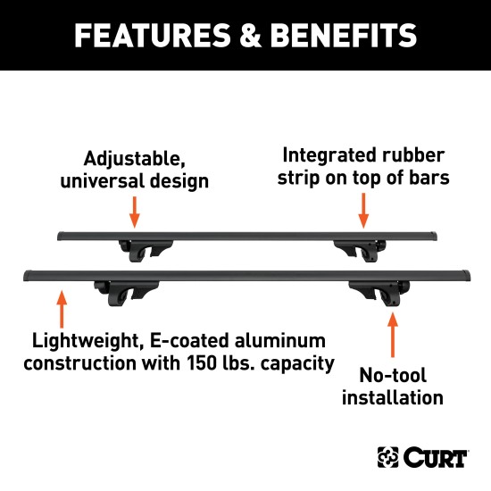 CURT Universal Roof Rack Cross Bars for Secure Cargo Storage CURT roof rack cross bars with black powder coat finish on car