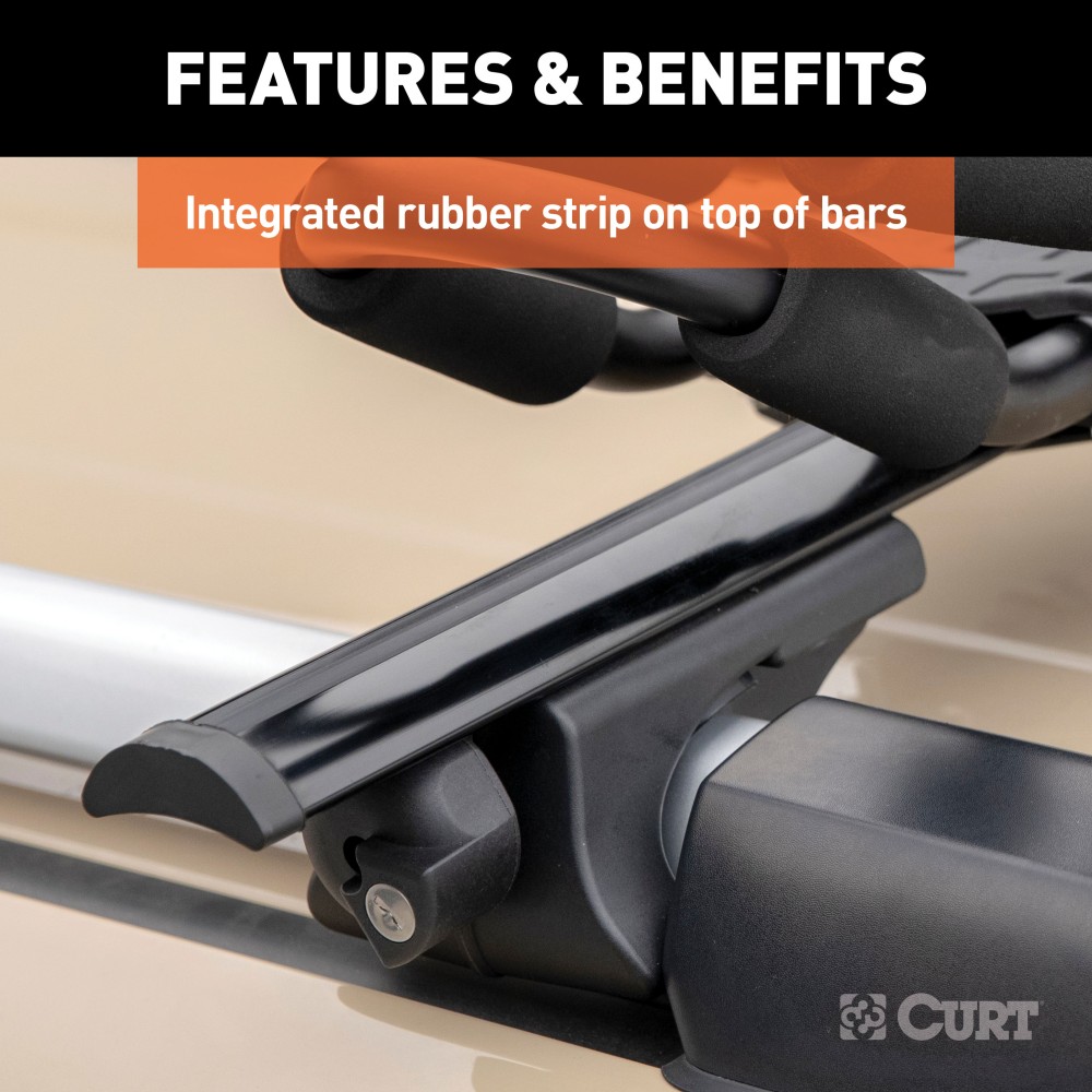 CURT Universal Roof Rack Cross Bars for Secure Cargo Storage CURT roof rack cross bars with black powder coat finish on car