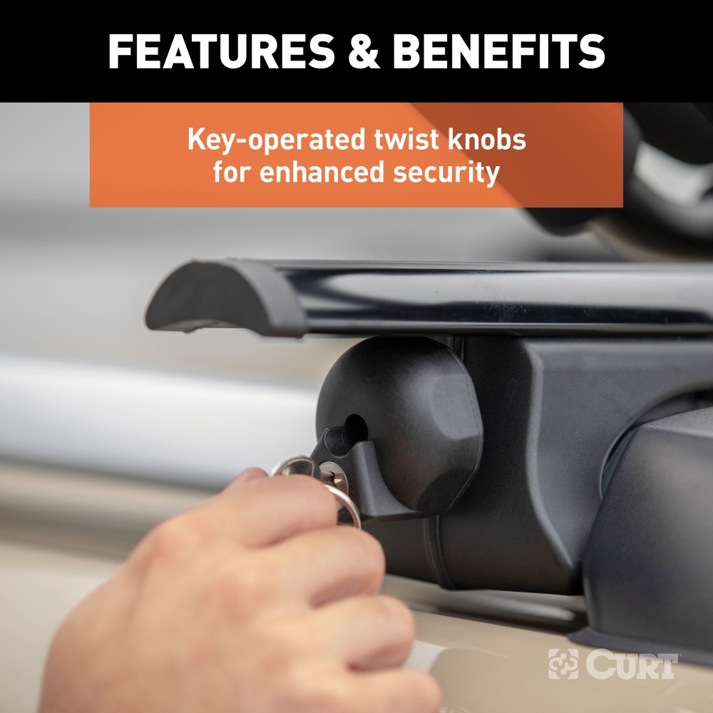 CURT Universal Roof Rack Cross Bars for Secure Cargo Storage CURT roof rack cross bars with black powder coat finish on car