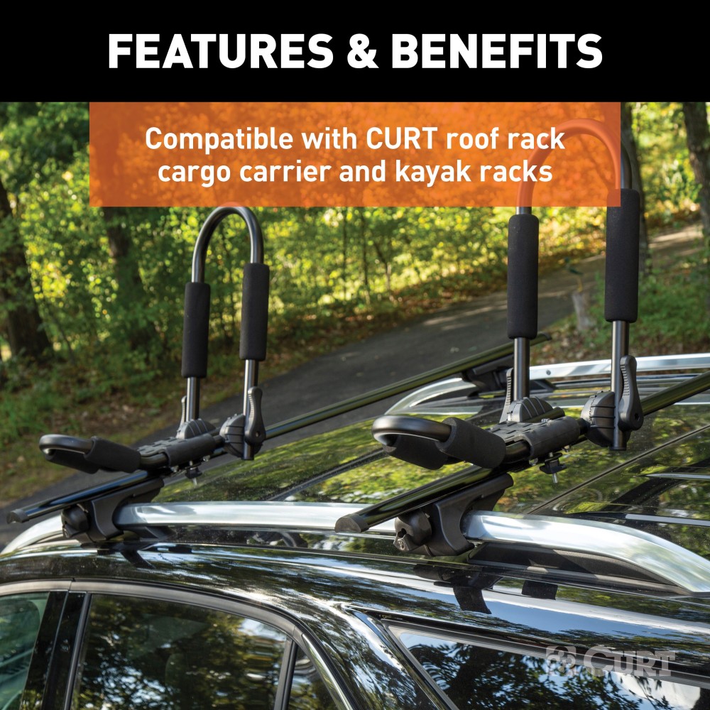 CURT Universal Roof Rack Cross Bars for Secure Cargo Storage CURT roof rack cross bars with black powder coat finish on car