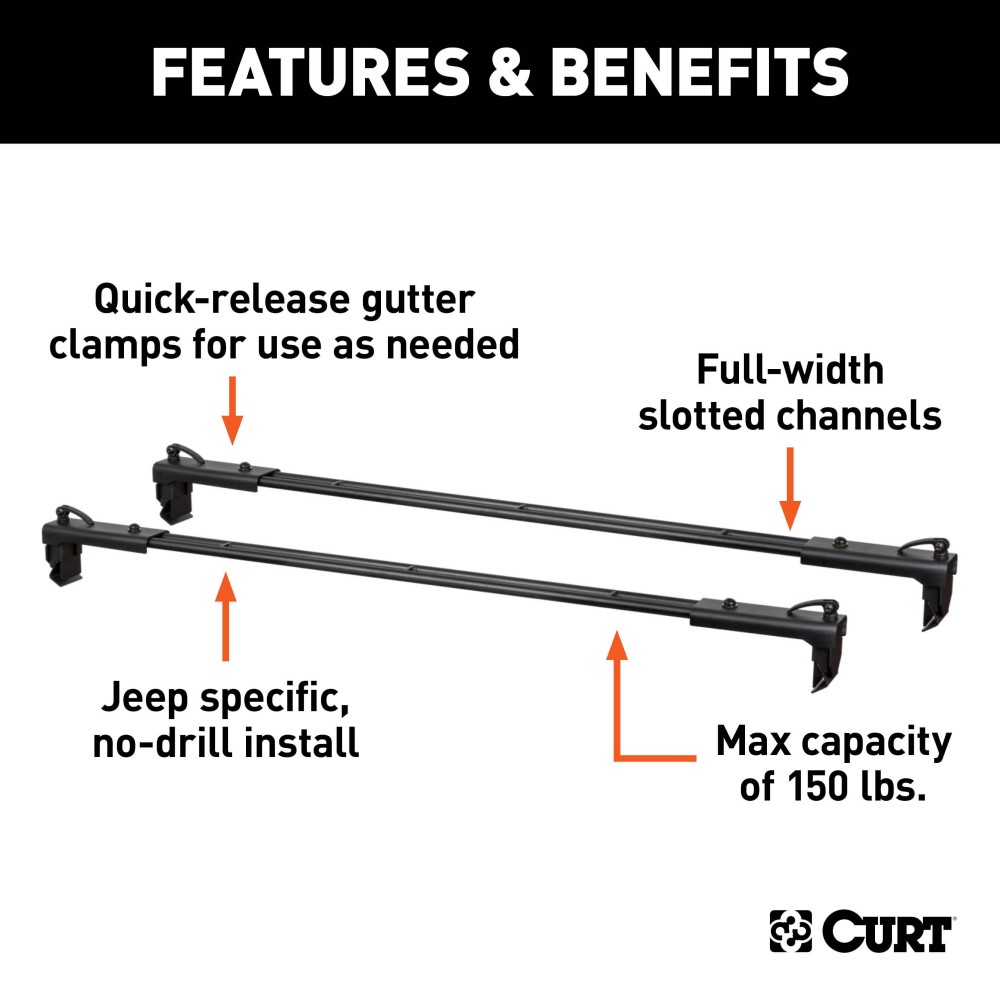 CURT Jeep Roof Rack Crossbars for Wrangler JL and Gladiator CURT Jeep roof rack crossbars mounted on a Jeep Wrangler JL or Gladiator, offering enhanced cargo storage.