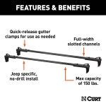 CURT Jeep Roof Rack Crossbars for Wrangler JL and Gladiator CURT Jeep roof rack crossbars mounted on a Jeep Wrangler JL or Gladiator, offering enhanced cargo storage.