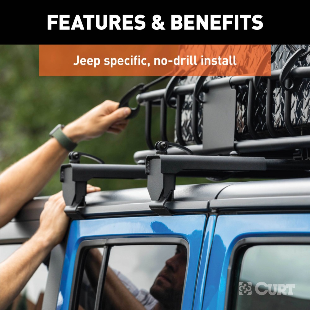 CURT Jeep Roof Rack Crossbars for Wrangler JL and Gladiator CURT Jeep roof rack crossbars mounted on a Jeep Wrangler JL or Gladiator, offering enhanced cargo storage.