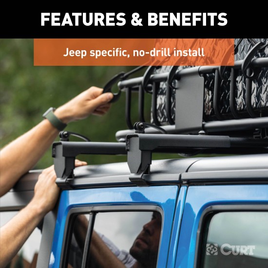 CURT Jeep Roof Rack Crossbars for Wrangler JL and Gladiator CURT Jeep roof rack crossbars mounted on a Jeep Wrangler JL or Gladiator, offering enhanced cargo storage.