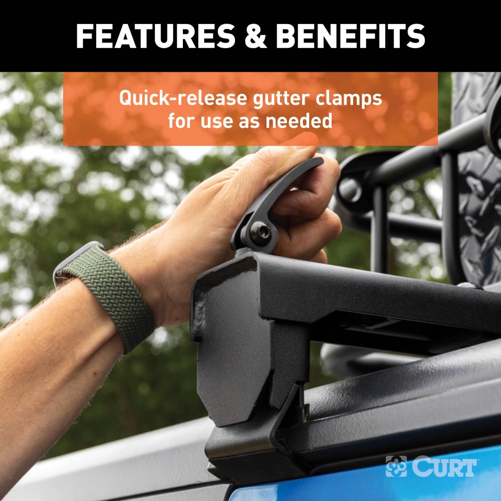 CURT Jeep Roof Rack Crossbars for Wrangler JL and Gladiator CURT Jeep roof rack crossbars mounted on a Jeep Wrangler JL or Gladiator, offering enhanced cargo storage.