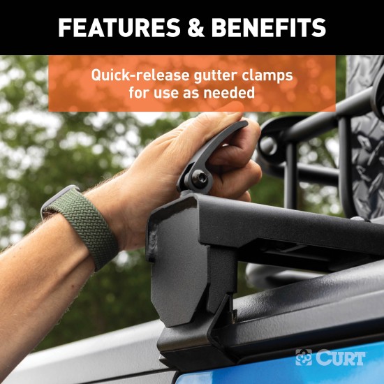 CURT Jeep Roof Rack Crossbars for Wrangler JL and Gladiator CURT Jeep roof rack crossbars mounted on a Jeep Wrangler JL or Gladiator, offering enhanced cargo storage.