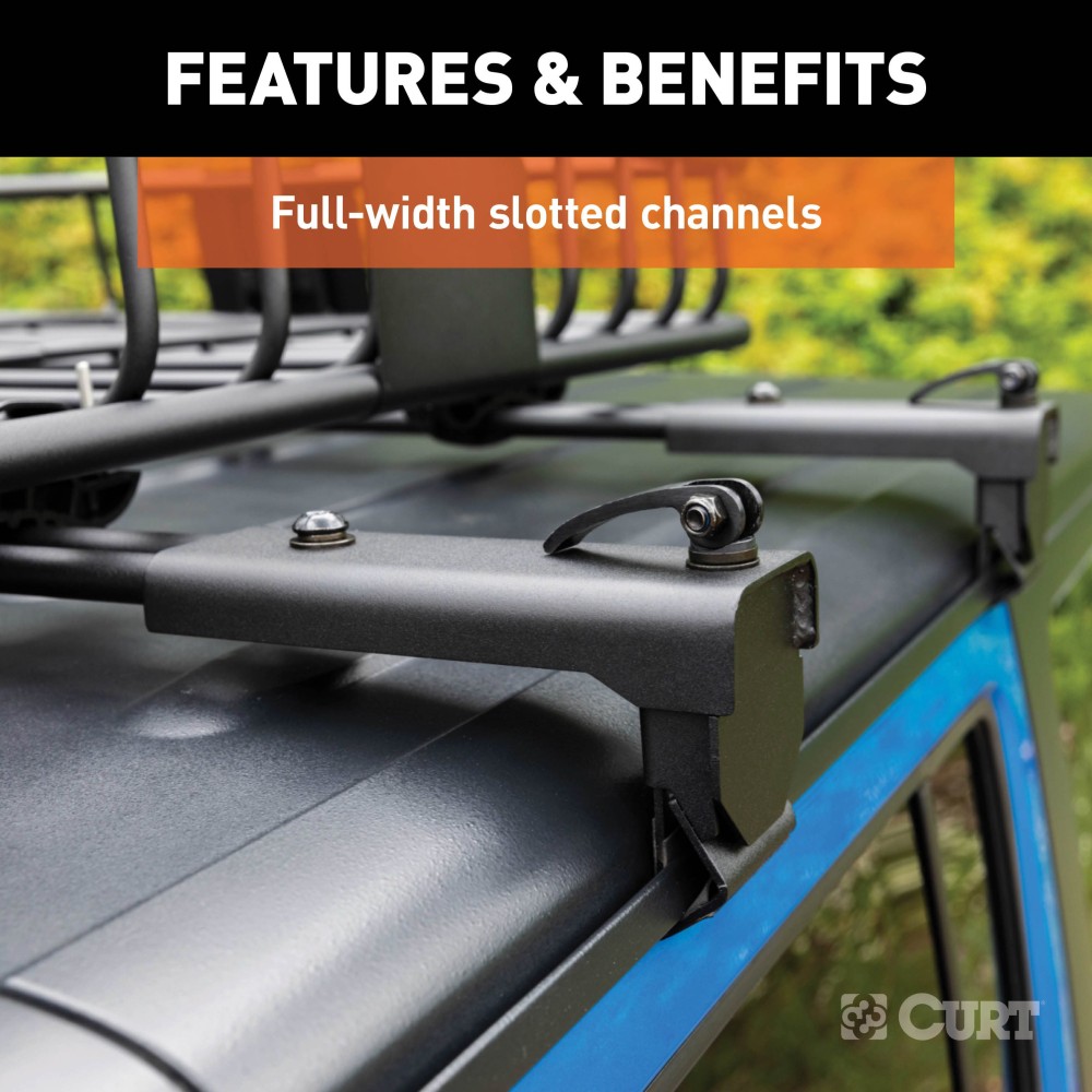 CURT Jeep Roof Rack Crossbars for Wrangler JL and Gladiator CURT Jeep roof rack crossbars mounted on a Jeep Wrangler JL or Gladiator, offering enhanced cargo storage.