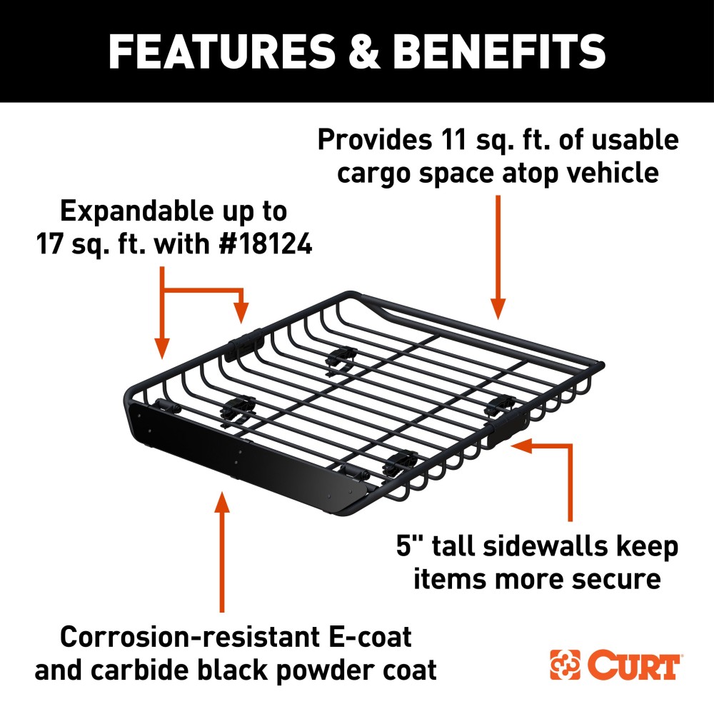 CURT Roof Rack Cargo Carrier for Secure Vehicle Storage CURT roof rack cargo carrier on vehicle, showing secure storage of bulky items.