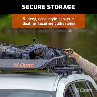 CURT Roof Rack Cargo Carrier for Secure Vehicle Storage CURT roof rack cargo carrier on vehicle, showing secure storage of bulky items.