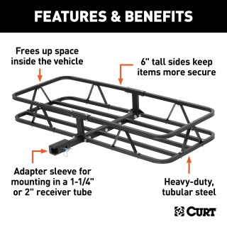 CURT Hitch-Mounted Cargo Carrier with Heavy-Duty Steel CURT basket cargo carrier with 6-inch tall sides for secure travel, fits most receiver hitches, holds up to 500 lbs.