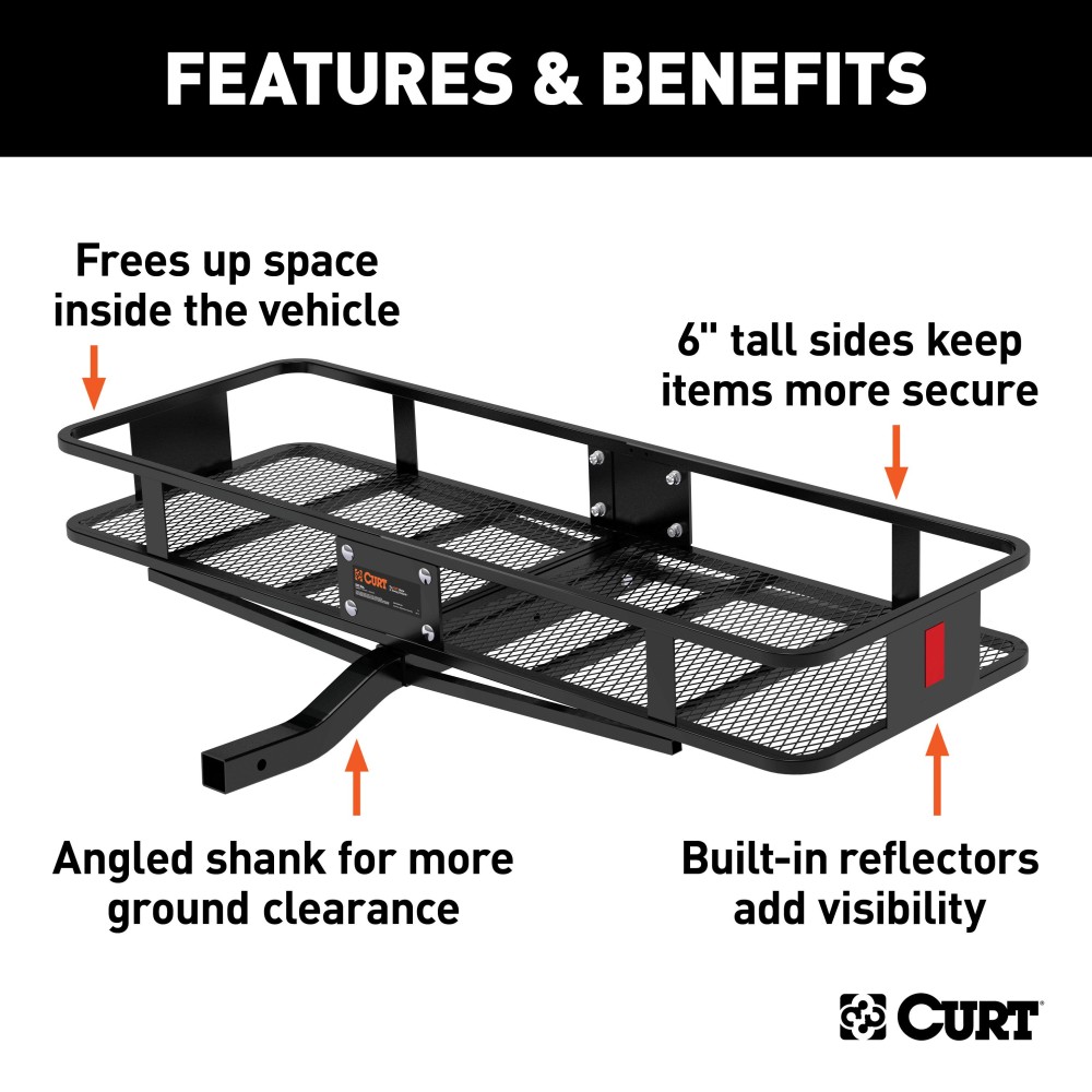 CURT Hitch-Mounted Cargo Carrier for Maximum Vehicle Storage CURT cargo carrier hitch-mounted on vehicle, maximizing storage space
