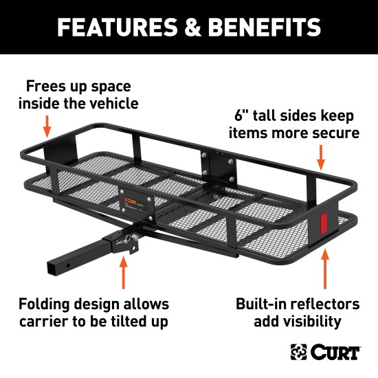 CURT Hitch-Mounted Basket Cargo Carrier with Folding Shank CURT basket cargo carrier with folding shank, 6-inch high sides, black powder coat finish