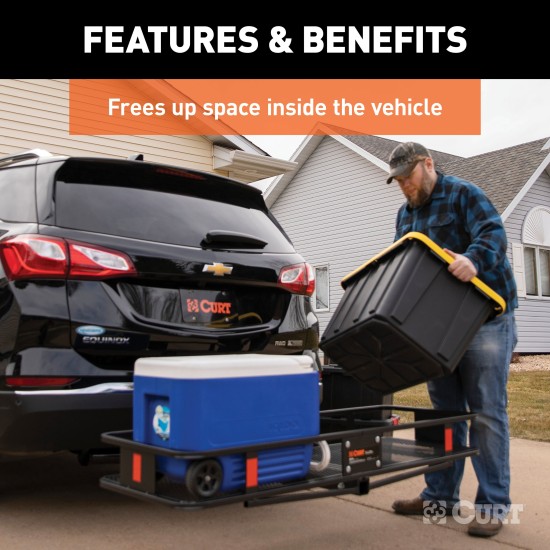 CURT Hitch-Mounted Basket Cargo Carrier with Folding Shank CURT basket cargo carrier with folding shank, 6-inch high sides, black powder coat finish