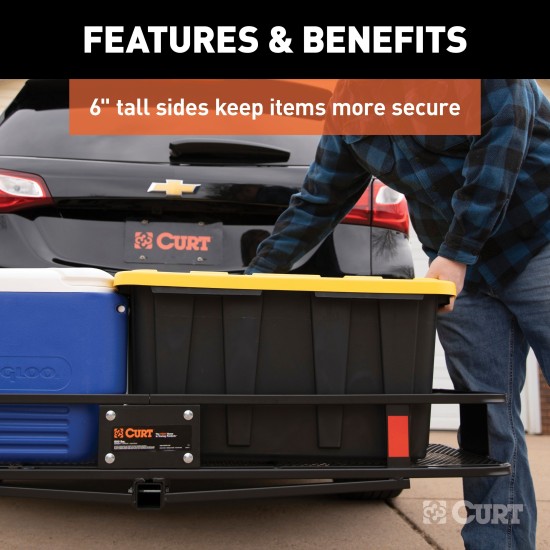 CURT Hitch-Mounted Basket Cargo Carrier with Folding Shank CURT basket cargo carrier with folding shank, 6-inch high sides, black powder coat finish