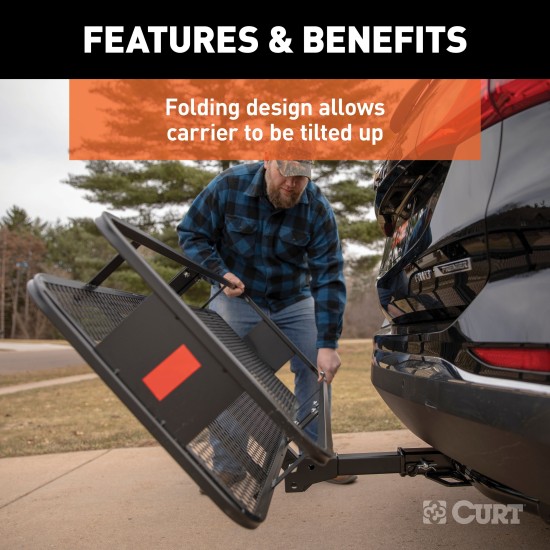 CURT Hitch-Mounted Basket Cargo Carrier with Folding Shank CURT basket cargo carrier with folding shank, 6-inch high sides, black powder coat finish