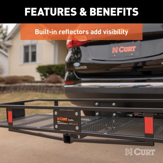 CURT Hitch-Mounted Basket Cargo Carrier with Folding Shank CURT basket cargo carrier with folding shank, 6-inch high sides, black powder coat finish