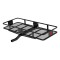 CURT Hitch-Mounted Basket Cargo Carrier with Heavy-Duty Steel CURT hitch-mounted basket cargo carrier with 6-inch tall sides and a mesh platform, designed for 2-inch hitch receivers.