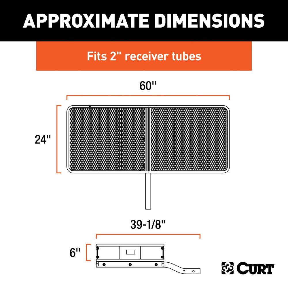 CURT Hitch-Mounted Basket Cargo Carrier with Heavy-Duty Steel CURT hitch-mounted basket cargo carrier with 6-inch tall sides and a mesh platform, designed for 2-inch hitch receivers.