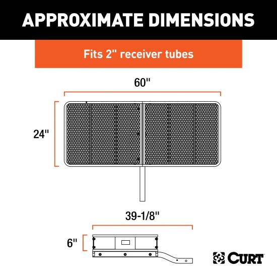 CURT Hitch-Mounted Basket Cargo Carrier with Heavy-Duty Steel CURT hitch-mounted basket cargo carrier with 6-inch tall sides and a mesh platform, designed for 2-inch hitch receivers.