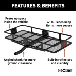 CURT Hitch-Mounted Basket Cargo Carrier with Heavy-Duty Steel CURT hitch-mounted basket cargo carrier with 6-inch tall sides and a mesh platform, designed for 2-inch hitch receivers.