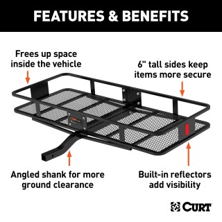 CURT Hitch-Mounted Basket Cargo Carrier with Heavy-Duty Steel CURT hitch-mounted basket cargo carrier with 6-inch tall sides and a mesh platform, designed for 2-inch hitch receivers.