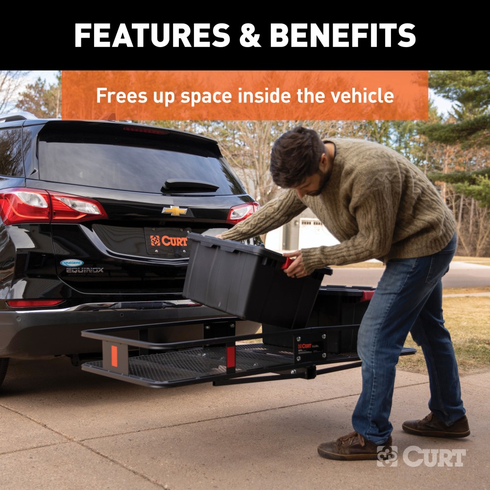 CURT Hitch-Mounted Basket Cargo Carrier with Heavy-Duty Steel CURT hitch-mounted basket cargo carrier with 6-inch tall sides and a mesh platform, designed for 2-inch hitch receivers.