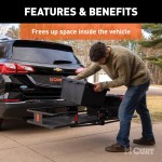 CURT Hitch-Mounted Basket Cargo Carrier with Heavy-Duty Steel CURT hitch-mounted basket cargo carrier with 6-inch tall sides and a mesh platform, designed for 2-inch hitch receivers.