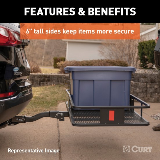 CURT Hitch-Mounted Basket Cargo Carrier with Heavy-Duty Steel CURT hitch-mounted basket cargo carrier with 6-inch tall sides and a mesh platform, designed for 2-inch hitch receivers.