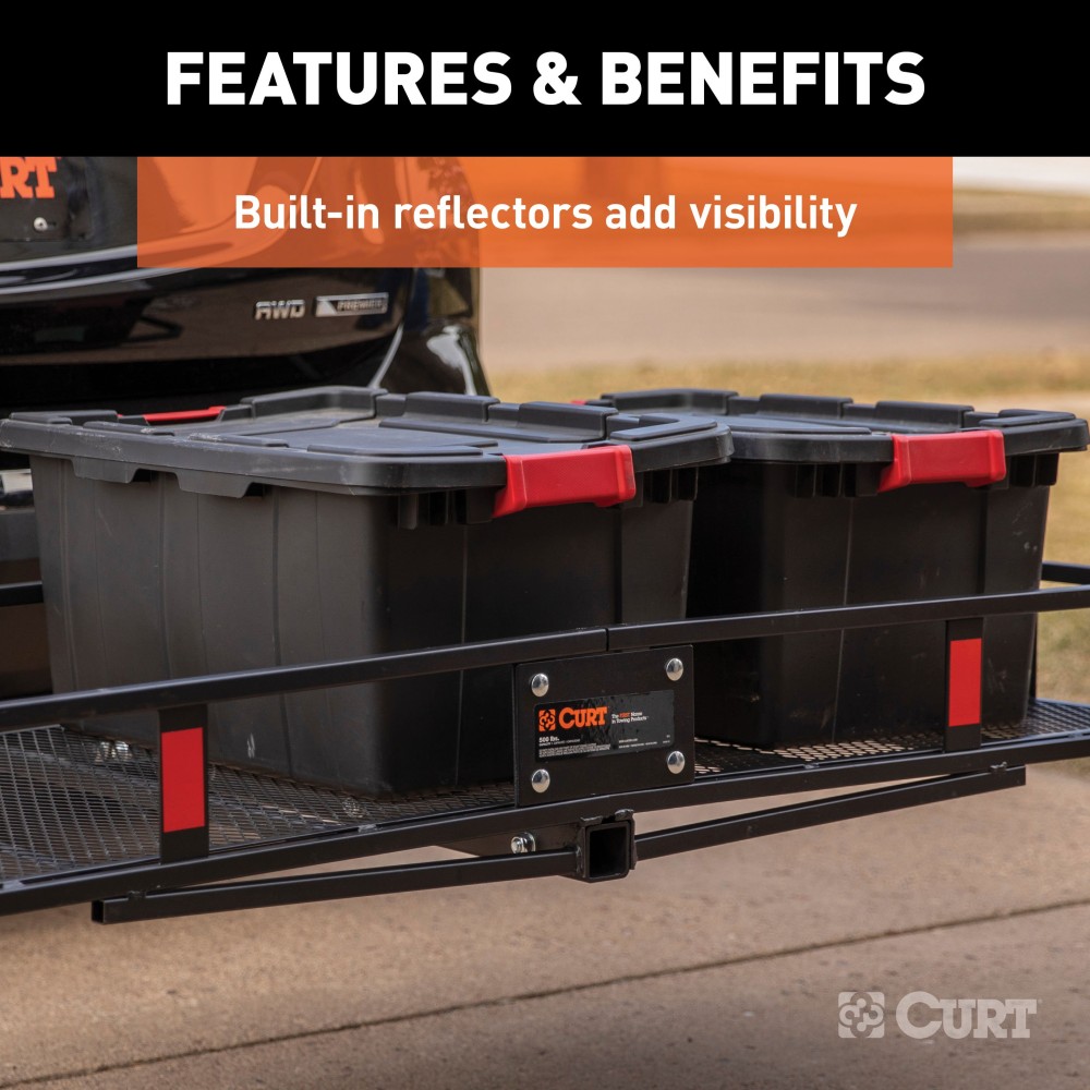 CURT Hitch-Mounted Basket Cargo Carrier with Heavy-Duty Steel CURT hitch-mounted basket cargo carrier with 6-inch tall sides and a mesh platform, designed for 2-inch hitch receivers.