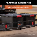 CURT Hitch-Mounted Basket Cargo Carrier with Heavy-Duty Steel CURT hitch-mounted basket cargo carrier with 6-inch tall sides and a mesh platform, designed for 2-inch hitch receivers.