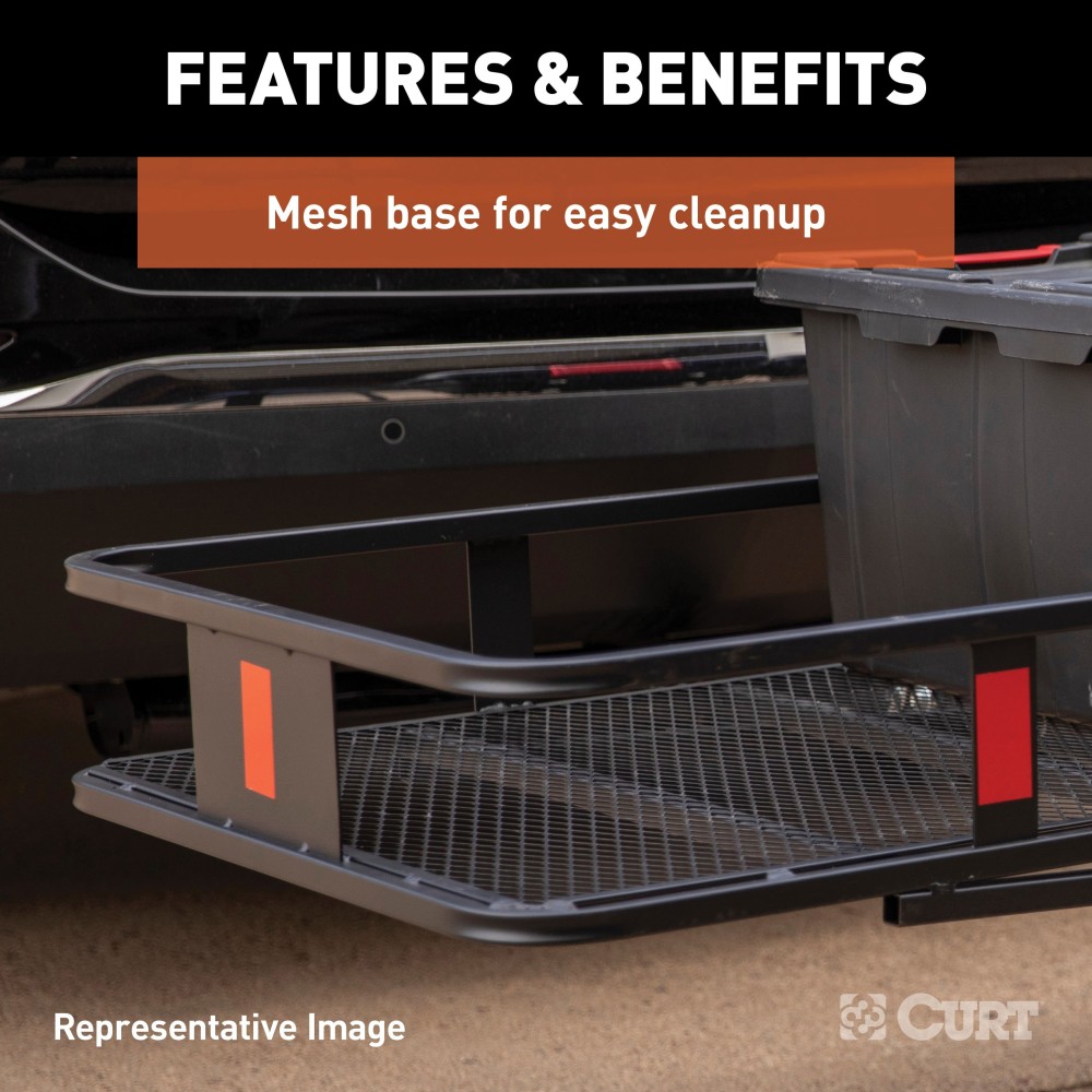 CURT Hitch-Mounted Basket Cargo Carrier with Heavy-Duty Steel CURT hitch-mounted basket cargo carrier with 6-inch tall sides and a mesh platform, designed for 2-inch hitch receivers.