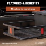 CURT Hitch-Mounted Basket Cargo Carrier with Heavy-Duty Steel CURT hitch-mounted basket cargo carrier with 6-inch tall sides and a mesh platform, designed for 2-inch hitch receivers.