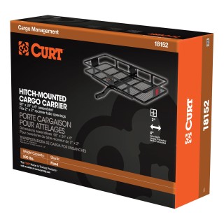 CURT Hitch-Mounted Basket Cargo Carrier with Heavy-Duty Steel CURT hitch-mounted basket cargo carrier with 6-inch tall sides and a mesh platform, designed for 2-inch hitch receivers.