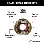 Lippert Left-Hand Self-Adjusting Electric Brake for 10,000-lb Axles Lippert electric brake assembly for left side trailers, compatible with 10,000-lb axles and 16-17.5 inch wheels