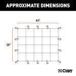 CURT cargo carrier net with hooks securing cargo on a roof rack, measuring 44 by 38 inches.