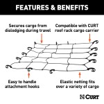 CURT cargo carrier net with hooks securing cargo on a roof rack, measuring 44 by 38 inches.