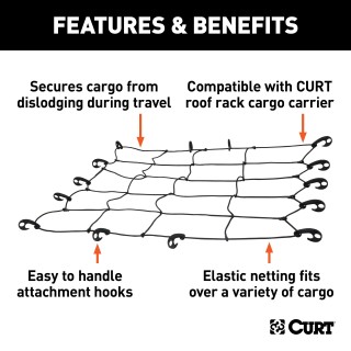 CURT Roof Rack Cargo Carrier Net 44x38 Inches CURT cargo carrier net with hooks securing cargo on a roof rack, measuring 44 by 38 inches.