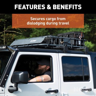 CURT Roof Rack Cargo Carrier Net 44x38 Inches CURT cargo carrier net with hooks securing cargo on a roof rack, measuring 44 by 38 inches.