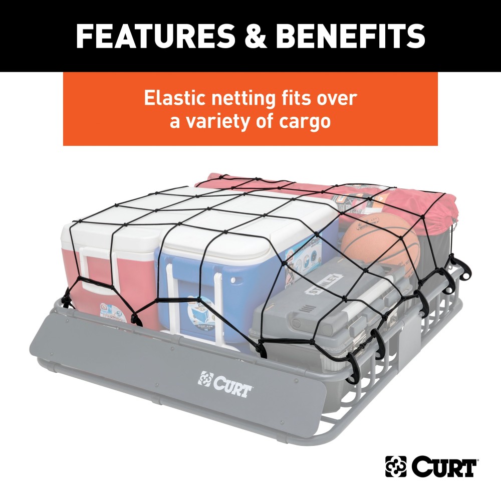 CURT Roof Rack Cargo Carrier Net 44x38 Inches CURT cargo carrier net with hooks securing cargo on a roof rack, measuring 44 by 38 inches.