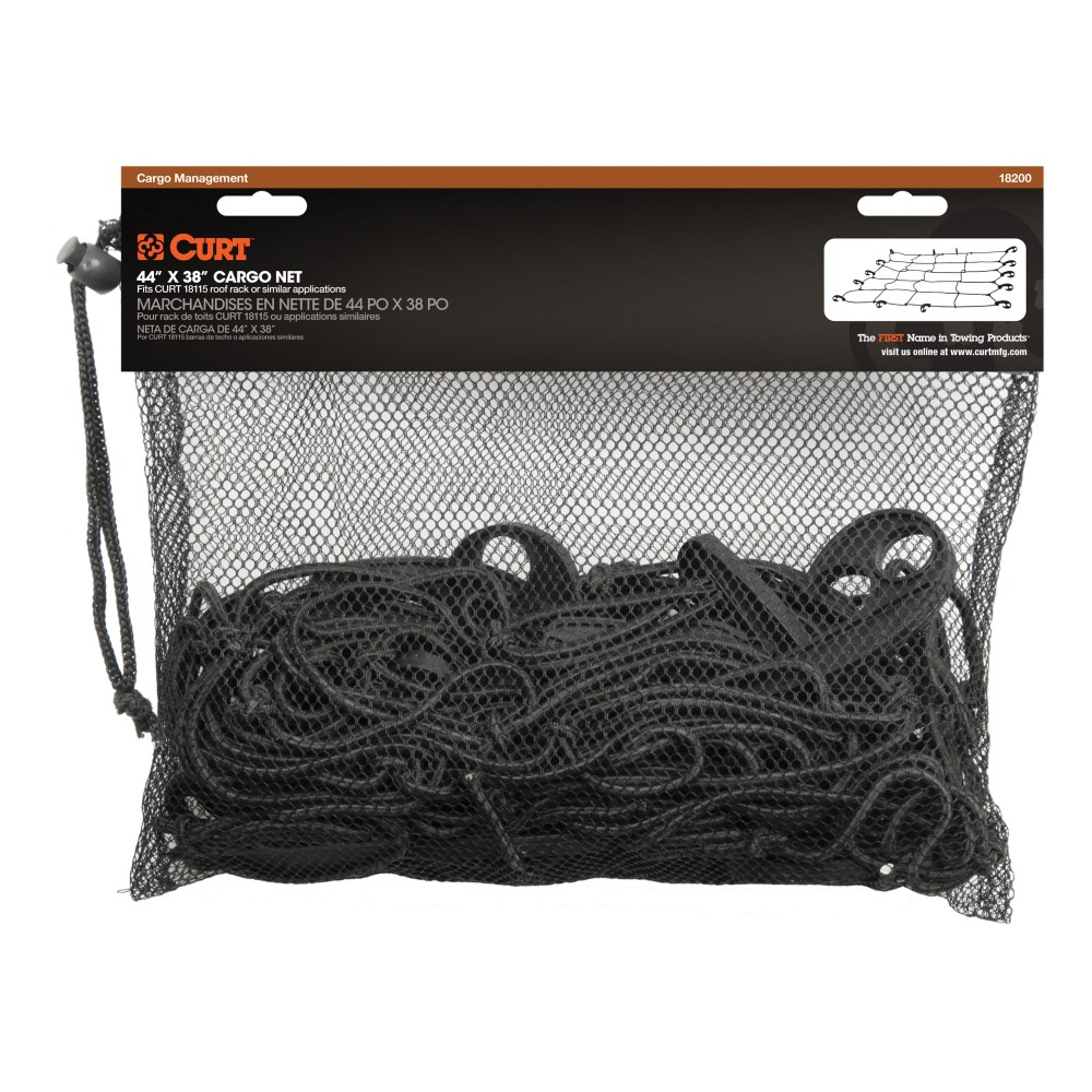 CURT Roof Rack Cargo Carrier Net 44x38 Inches CURT cargo carrier net with hooks securing cargo on a roof rack, measuring 44 by 38 inches.