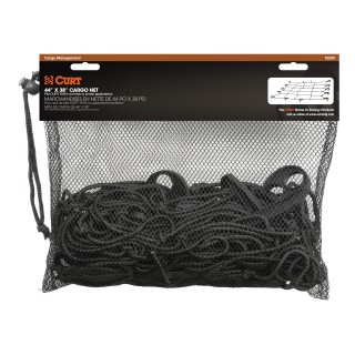 CURT Roof Rack Cargo Carrier Net 44x38 Inches CURT cargo carrier net with hooks securing cargo on a roof rack, measuring 44 by 38 inches.