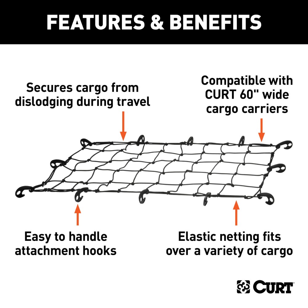 CURT Cargo Carrier Net for Secure Travel and Easy Handling CURT cargo carrier net securing items on a vehicle's cargo carrier