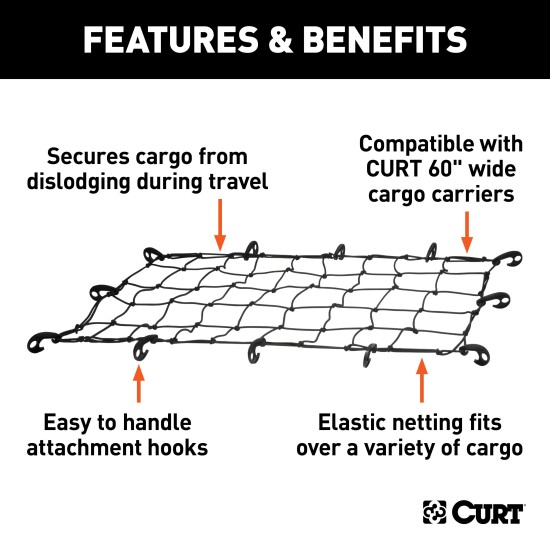 CURT Cargo Carrier Net for Secure Travel and Easy Handling CURT cargo carrier net securing items on a vehicle's cargo carrier