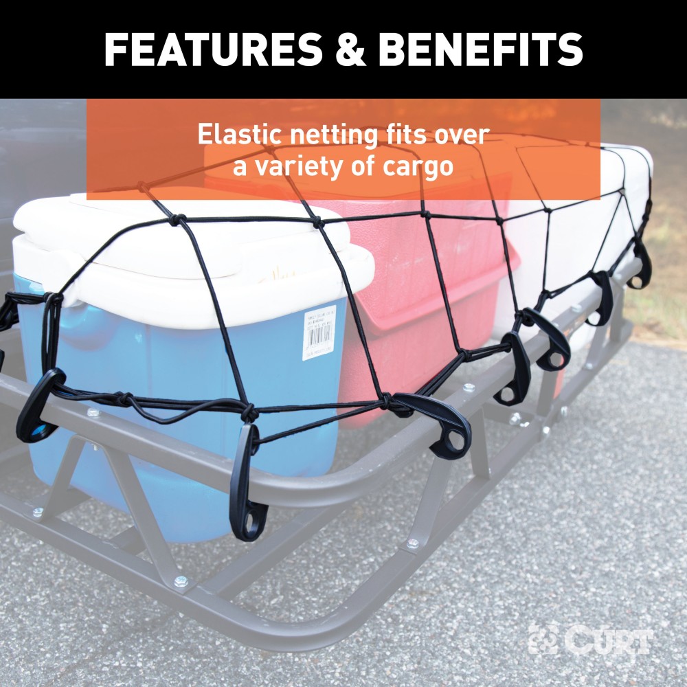 CURT Cargo Carrier Net for Secure Travel and Easy Handling CURT cargo carrier net securing items on a vehicle's cargo carrier