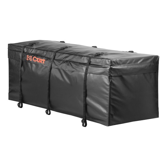 CURT Cargo Bag - Durable, Waterproof, UV-Resistant Storage Black CURT cargo bag made from UV-resistant vinyl, securely fitted on a cargo carrier.