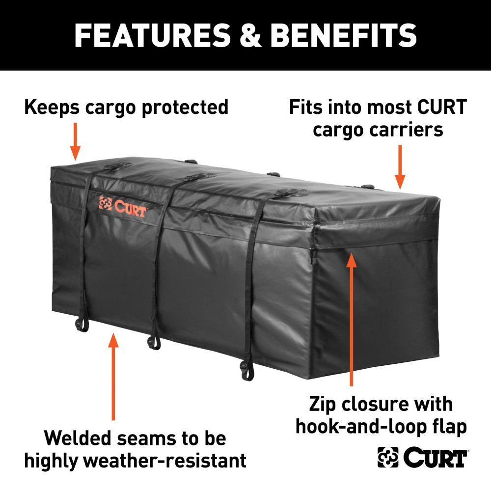 CURT Cargo Bag - Durable, Waterproof, UV-Resistant Storage Black CURT cargo bag made from UV-resistant vinyl, securely fitted on a cargo carrier.