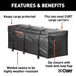CURT Cargo Bag - Durable, Waterproof, UV-Resistant Storage Black CURT cargo bag made from UV-resistant vinyl, securely fitted on a cargo carrier.