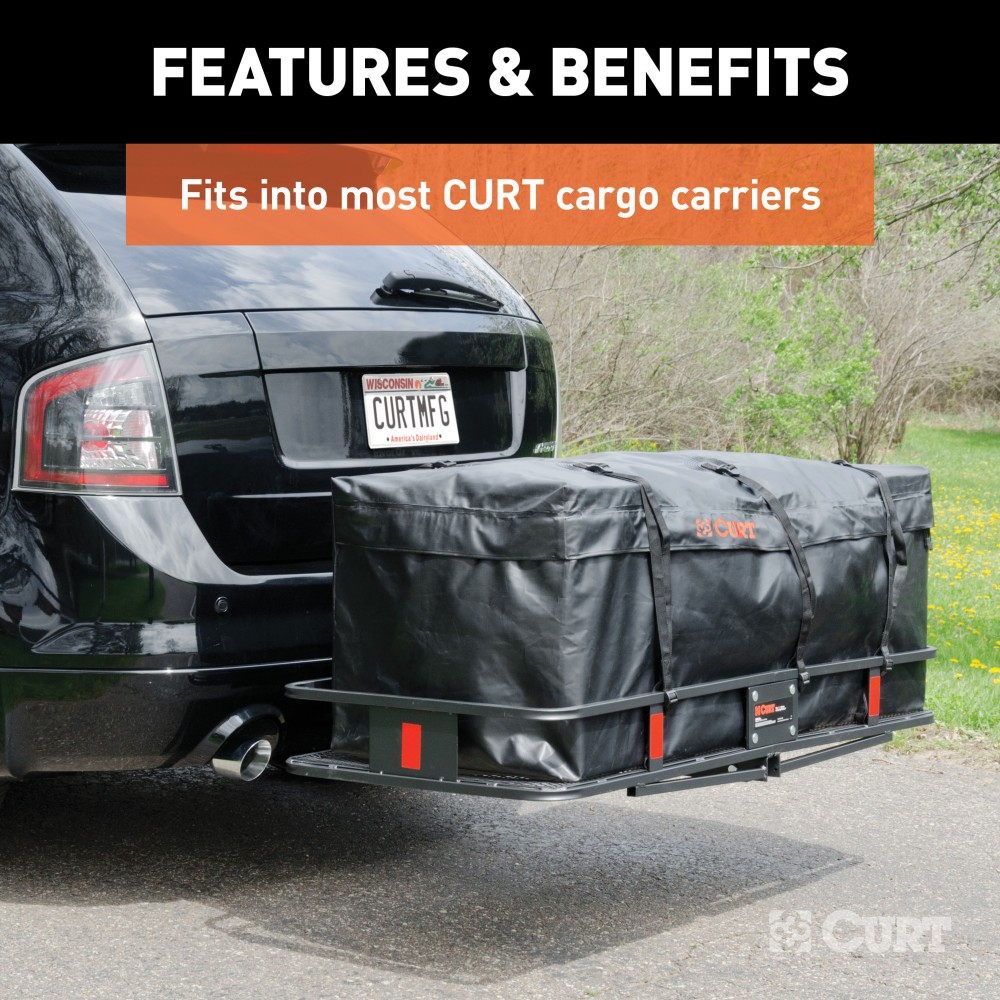 CURT Cargo Bag - Durable, Waterproof, UV-Resistant Storage Black CURT cargo bag made from UV-resistant vinyl, securely fitted on a cargo carrier.